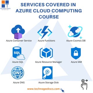 SERVICES COVERED IN
AZURE CLOUD COMPUTING
COURSE
www.technogeekscs.com
Azure Container Service Azure Functions Azure Cosmos DB
Azure SQL Azure Resource Manager Azure IAM
Azure DNS Azure Storage Disk
 