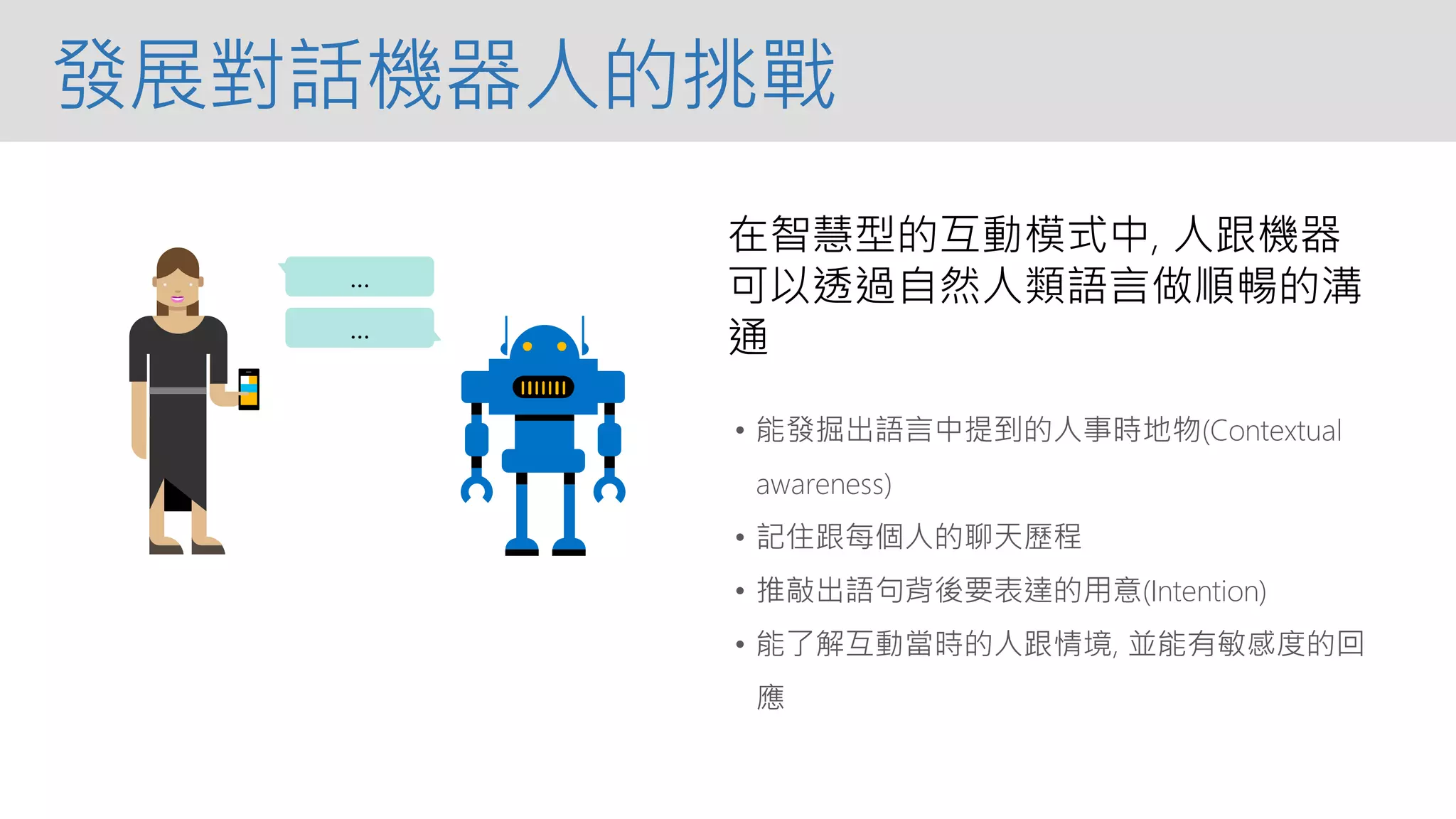 在智慧型的互動模式中, 人跟機器
可以透過自然人類語言做順暢的溝
通
…
…
• 能發掘出語言中提到的人事時地物(Contextual
awareness)
• 記住跟每個人的聊天歷程
• 推敲出語句背後要表達的用意(Intention)
• 能了解互動當時的人跟情境, 並能有敏感度的回
應
發展對話機器人的挑戰
 