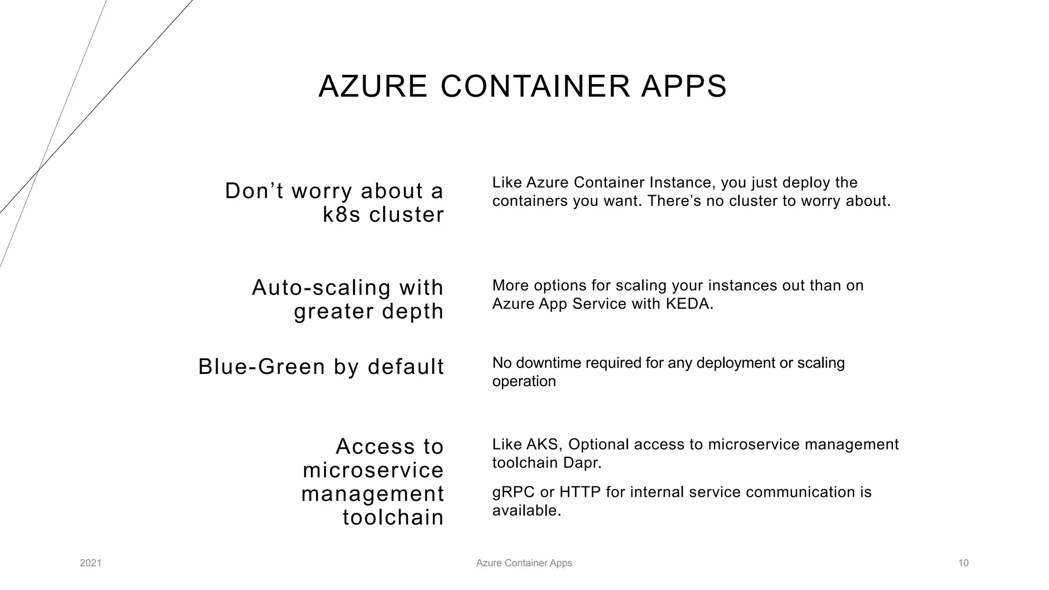 AZURE CONTAINER APPS
Don’t worry about a
k8s cluster
Like Azure Container Instance, you just deploy the
containers you want. There’s no cluster to worry about.
Blue-Green by default
More options for scaling your instances out than on
Azure App Service with KEDA.
Access to
microservice
management
toolchain
Like AKS, Optional access to microservice management
toolchain Dapr.
gRPC or HTTP for internal service communication is
available.
2021 Azure Container Apps 10
No downtime required for any deployment or scaling
operation
Auto-scaling with
greater depth
 