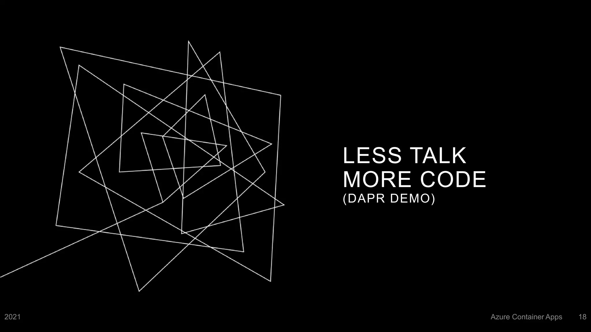 LESS TALK
MORE CODE
(DAPR DEMO)
2021 Azure Container Apps 18
 