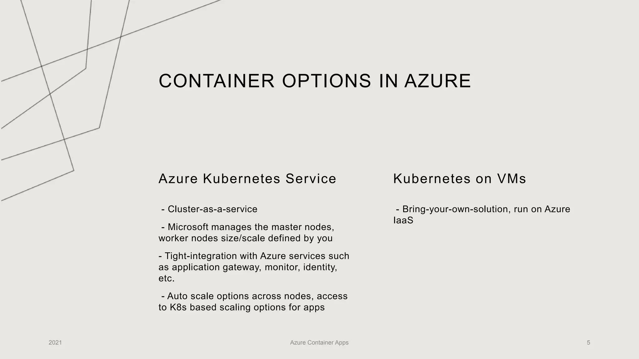 CONTAINER OPTIONS IN AZURE
Azure Kubernetes Service
- Cluster-as-a-service
- Microsoft manages the master nodes,
worker nodes size/scale defined by you
- Tight-integration with Azure services such
as application gateway, monitor, identity,
etc.
- Auto scale options across nodes, access
to K8s based scaling options for apps
Kubernetes on VMs
- Bring-your-own-solution, run on Azure
IaaS
2021 Azure Container Apps 5
 