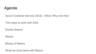 Agenda
Azure Container Service (ACS) - What, Why and How
Two ways to work with ACS
Docker Swarm
Mesos
Biopsy of Mesos
What we have done with Mesos
 
