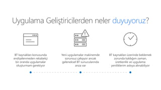 Uygulama Geliştiricilerden neler duyuyoruz?
BT kaynakları konusunda
endişelenmeden rekabetçi
bir oranda uygulamalar
oluşturmam gerekiyor
Yeni uygulamalar makinemde
sorunsuz çalışıyor ancak
geleneksel BT sunucularında
arıza var
BT kaynakları üzerinde beklemek
zorunda kaldığım zaman,
üretkenlik ve uygulama
yeniliklerim askıya alınabiliyor
 