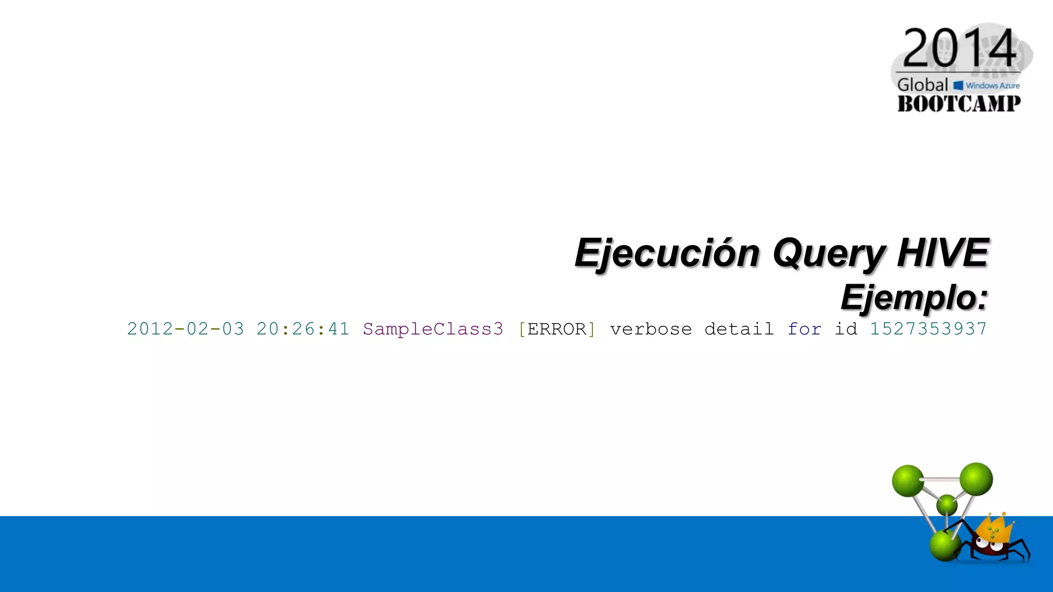 Ejecución Query HIVE
Ejemplo:
2012-02-03 20:26:41 SampleClass3 [ERROR] verbose detail for id 1527353937
 