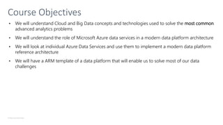 © Microsoft Corporation
• We will understand Cloud and Big Data concepts and technologies used to solve the most common
advanced analytics problems
• We will understand the role of Microsoft Azure data services in a modern data platform architecture
• We will look at individual Azure Data Services and use them to implement a modern data platform
reference architecture
• We will have a ARM template of a data platform that will enable us to solve most of our data
challenges
Course Objectives
 