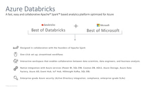 © Microsoft Corporation
A fast, easy and collaborative Apache® Spark™ based analytics platform optimized for Azure
Azure Databricks
Best of Databricks Best of Microsoft
Designed in collaboration with the founders of Apache Spark
One-click set up; streamlined workflows
Interactive workspace that enables collaboration between data scientists, data engineers, and business analysts.
Native integration with Azure services (Power BI, SQL DW, Cosmos DB, ADLS, Azure Storage, Azure Data
Factory, Azure AD, Event Hub, IoT Hub, HDInsight Kafka, SQL DB)
Enterprise-grade Azure security (Active Directory integration, compliance, enterprise -grade SLAs)
 