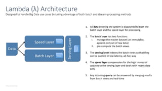 © Microsoft Corporation
Designed to handle Big Data use cases by taking advantage of both batch and stream-processing methods
Lambda (λ) Architecture
1. All data entering the system is dispatched to both the
batch layer and the speed layer for processing.
2. The batch layer has two functions:
I. manage the master dataset (an immutable,
append-only set of raw data)
II. pre-compute the batch views.
3. The serving layer indexes the batch views so that they
can be queried in low-latency, ad-hoc way.
4. The speed layer compensates for the high latency of
updates to the serving layer and deals with recent data
only.
5. Any incoming query can be answered by merging results
from batch views and real-time
 
