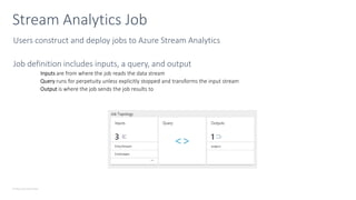 © Microsoft Corporation
Stream Analytics Job
Users construct and deploy jobs to Azure Stream Analytics
Job definition includes inputs, a query, and output
 
