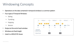 © Microsoft Corporation
Windowing Concepts
• Operations on the data contained in temporal windows is a common pattern
• Four types of Temporal Windows:
• Sliding
• Tumbling
• Hopping
• Session
• Output at the end of each window
• Windows are fixed length
• Used in a GROUP BY clause
 