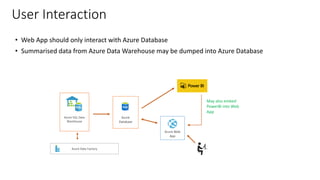 • Web App should only interact with Azure Database
• Summarised data from Azure Data Warehouse may be dumped into Azure Database
User Interaction
May also embed
PowerBI into Web
App
Azure
Database
Azure Web
App
Azure SQL Data
Warehouse
Azure Data Factory
 