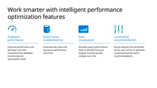 Work smarter with intelligent performance
optimization features
Intelligent
performance
Improve performance and
decrease cost with
comprehensive database
monitoring and
optimization tools
Performance
troubleshooting
Automatically track and
log query performance
over time
Data
visualization
Visualize query performance
data to identify how your
longest running queries
change over time
Customized
recommendations
Azure analyzes the workloads
across your server to generate
customized performance
recommendations
 