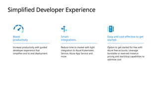 Simplified Developer Experience
Boost
productivity
Increase productivity with guided
developer experience that
simplifies end to end deployment
Smart
integrations
Reduce time to market with tight
integration to Azure Kubernetes
Service, Azure App Service and
more
Easy and cost effective to get
started
Option to get started for free with
Azure free accounts. Leverage
burstable or reserved instance
pricing and start/stop capabilities to
optimize cost
 