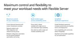 Maximum control and flexibility to
meet your workload needs with Flexible Server
Maximum control
for your databases
Control planned downtime with
custom maintenance windows
Network isolation with
VNet integration and
network security groups
Multiple configuration parameters
for fine grained database
optimization and tuning
Build resilient apps
across availability zones
Ensure data is always
available with single zone or
zone redundant high availability
Zero data loss within single and
multiple availability zones
Simplified
developer experience
Guided developer experience
increases productivity and simplifies
end-to-end deployment
Full compatibility with community
edition PostgreSQL
Stop/Start and burstable capabilities
for cost optimization
 