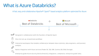 What is Azure Databricks?
A fast, easy and collaborative Apache® Spark™ based analytics platform optimized for Azure
Best of Databricks Best of Microsoft
Designed in collaboration with the founders of Apache Spark
One-click set up; streamlined workflows
Interactive workspace that enables collaboration between data scientists, data engineers, and business
analysts.
Native integration with Azure services (Power BI, SQL DW, Cosmos DB, Blob Storage)
Enterprise-grade Azure security (Active Directory integration, compliance, enterprise-grade SLAs)
 