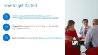 Engage Microsoft experts for a workshop to help identify
high impact scenarios
Already using Azure? try Azure Databricks now or
create a free Azure account to start using Azure Databricks
Learn more about Azure Databricks www.azure.com/databricks
How to get started
 