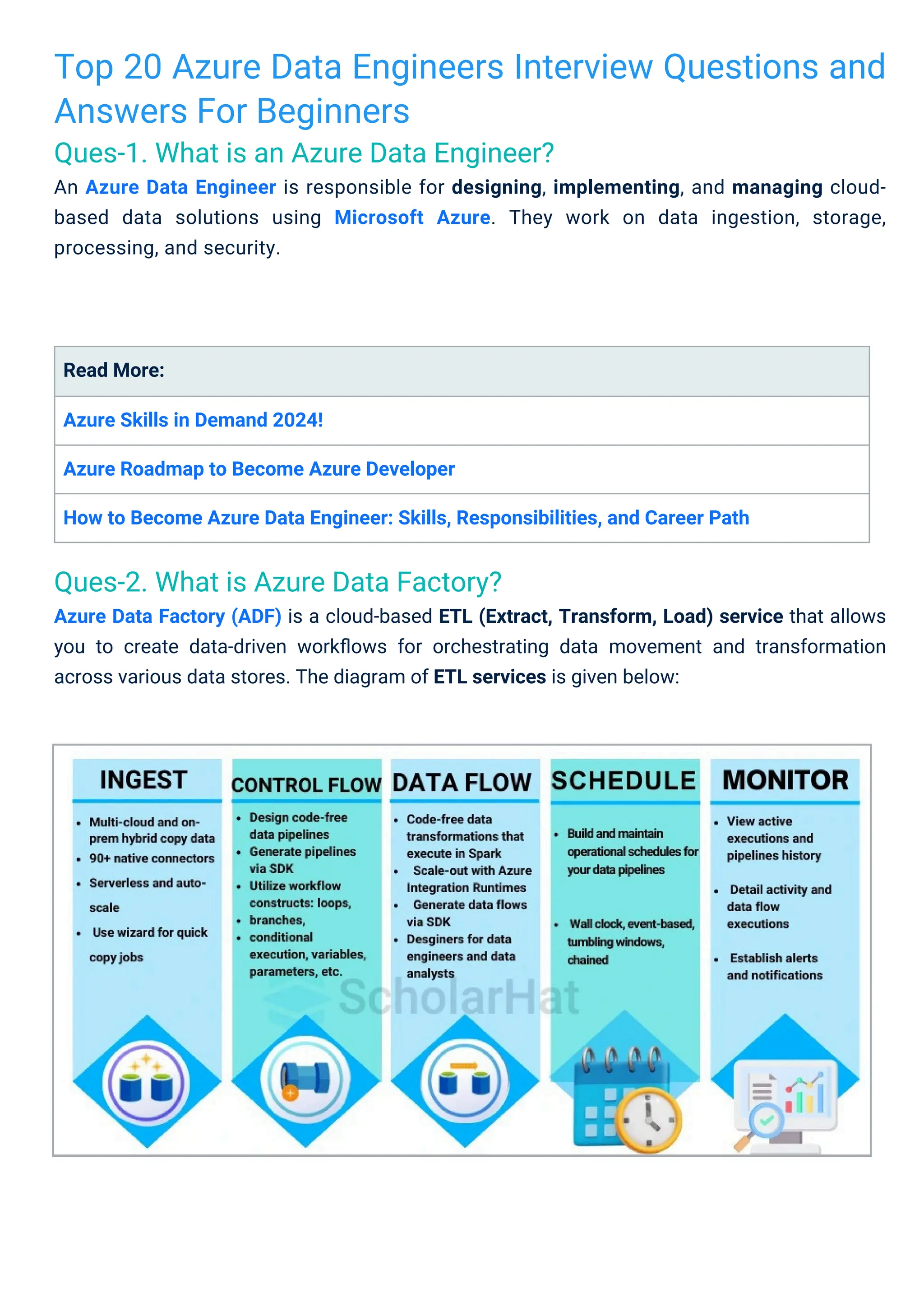 Top 20 Azure Data Engineers Interview Questions and
Answers For Beginners
Ques-1. What is an Azure Data Engineer?
An Azure Data Engineer is responsible for designing, implementing, and managing cloud-
based data solutions using Microsoft Azure. They work on data ingestion, storage,
processing, and security.
Ques-2. What is Azure Data Factory?
Azure Data Factory (ADF) is a cloud-based ETL (Extract, Transform, Load) service that allows
you to create data-driven workﬂows for orchestrating data movement and transformation
across various data stores. The diagram of ETL services is given below:
Read More:
Azure Skills in Demand 2024!
Azure Roadmap to Become Azure Developer
How to Become Azure Data Engineer: Skills, Responsibilities, and Career Path
 