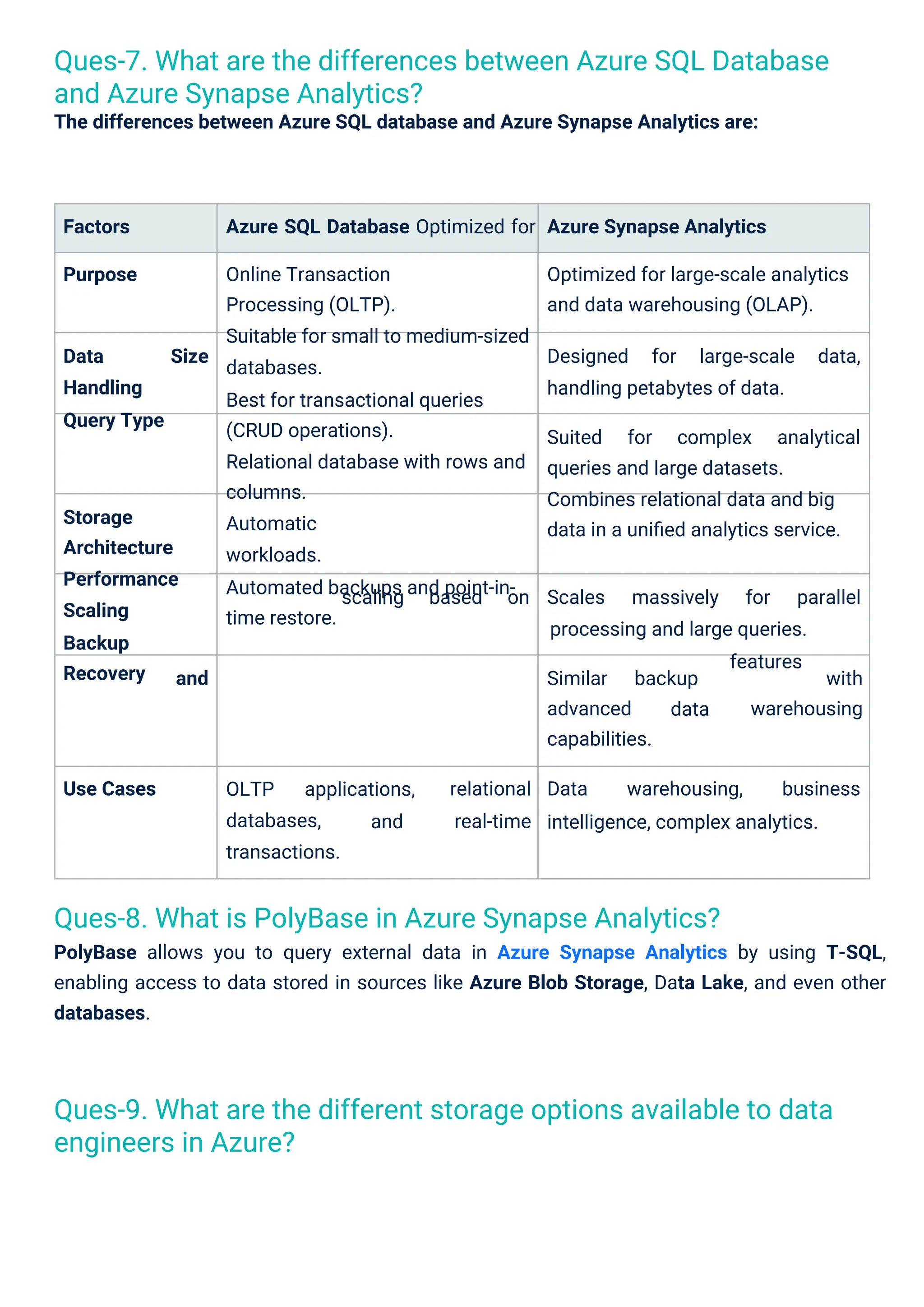 Ques-8. What is PolyBase in Azure Synapse Analytics?
PolyBase allows you to query external data in Azure Synapse Analytics by using T-SQL,
enabling access to data stored in sources like Azure Blob Storage, Data Lake, and even other
databases.
Ques-7. What are the differences between Azure SQL Database
and Azure Synapse Analytics?
The differences between Azure SQL database and Azure Synapse Analytics are:
Ques-9. What are the different storage options available to data
engineers in Azure?
OLTP
databases,
transactions.
applications,
and
Factors
Purpose
Azure SQL Database Optimized for
Online Transaction
Processing (OLTP).
Suitable for small to medium-sized
databases.
Best for transactional queries
(CRUD operations).
Relational database with rows and
columns.
Automatic
workloads.
Automated backups and point-in-
time restore.
Azure Synapse Analytics
Optimized for large-scale analytics
and data warehousing (OLAP).
Data
Handling
Query Type
Size Designed for large-scale data,
handling petabytes of data.
Suited for complex analytical
queries and large datasets.
Combines relational data and big
data in a uniﬁed analytics service.
Storage
Architecture
Performance
Scaling
Backup
Recovery
scaling based on Scales massively for parallel
processing and large queries.
features
and Similar
advanced
capabilities.
backup with
warehousing
data
Use Cases relational
real-time
Data warehousing, business
intelligence, complex analytics.
 