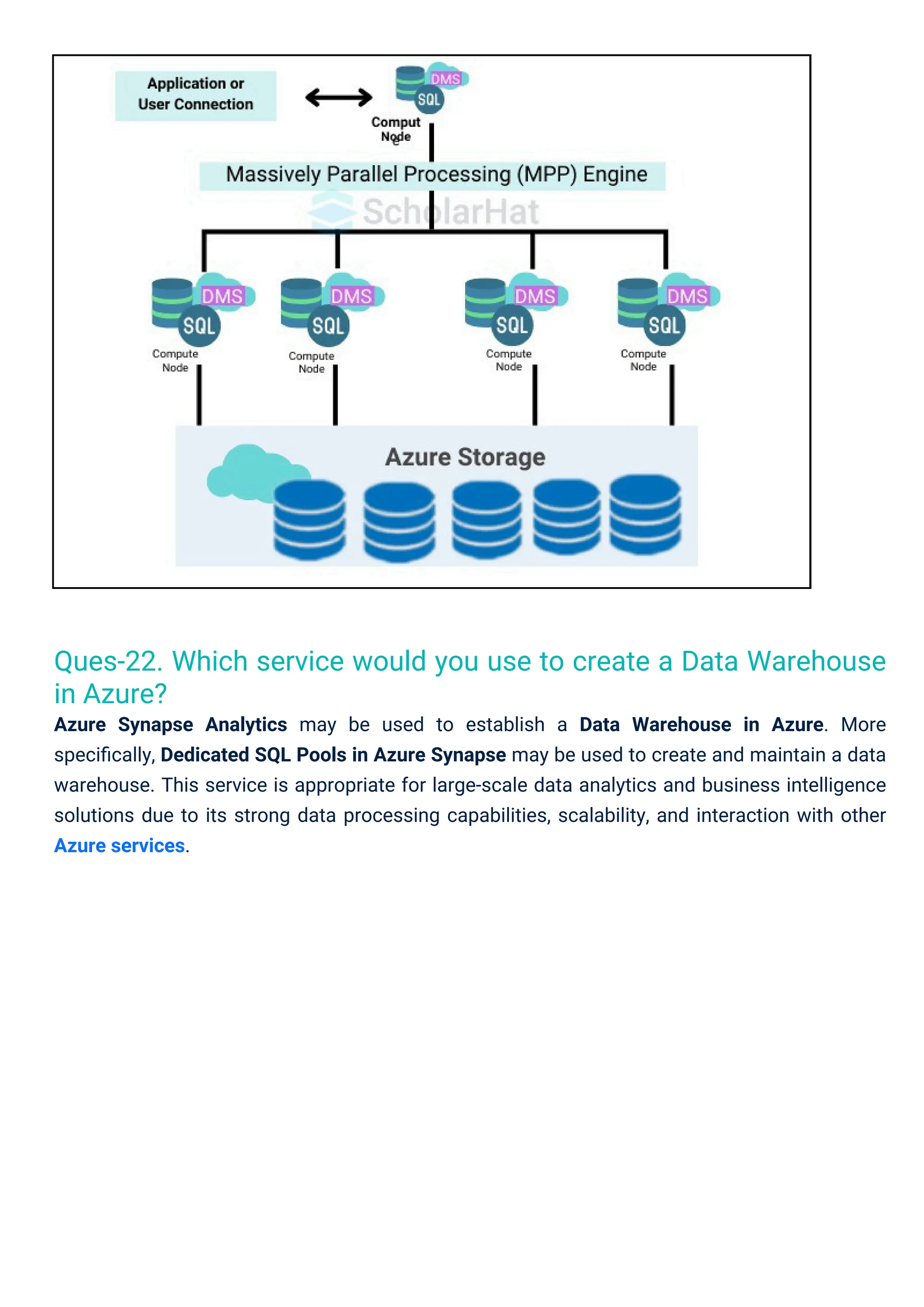 Ques-22. Which service would you use to create a Data Warehouse
in Azure?
Azure Synapse Analytics may be used to establish a Data Warehouse in Azure. More
speciﬁcally, Dedicated SQL Pools in Azure Synapse may be used to create and maintain a data
warehouse. This service is appropriate for large-scale data analytics and business intelligence
solutions due to its strong data processing capabilities, scalability, and interaction with other
Azure services.
 