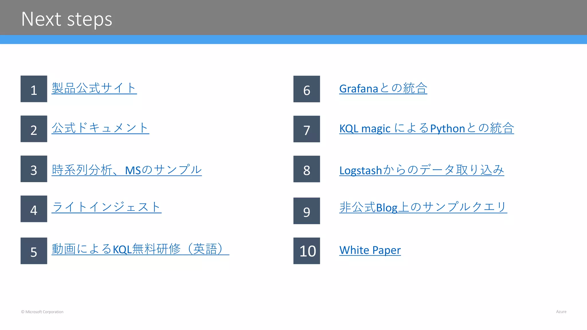 © Microsoft Corporation
Next steps
製品公式サイト
公式ドキュメント
時系列分析、MSのサンプル
ライトインジェスト
Grafanaとの統合
KQL magic によるPythonとの統合
Logstashからのデータ取り込み
⾮公式Blog上のサンプルクエリ
動画によるKQL無料研修（英語） White Paper
 