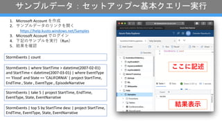 1. Microsoft Account を作成
2. サンプルデータのリンクを開く
https://help.kusto.windows.net/Samples
3. Microsoft Account でログイン
4. 下記のサンプルを実⾏（Run）
5. 結果を確認
StormEvents | where StartTime > datetime(2007-02-01)
and StartTime < datetime(2007-03-01) | where EventType
== 'Flood' and State == 'CALIFORNIA' | project StartTime,
EndTime , State , EventType , EpisodeNarrative
StormEvents | count
StormEvents | take 5 | project StartTime, EndTime,
EventType, State, EventNarrative
StormEvents | top 5 by StartTime desc | project StartTime,
EndTime, EventType, State, EventNarrative
ここに記述
結果表⽰
サンプルデータ：セットアップ〜基本クエリー実行
 