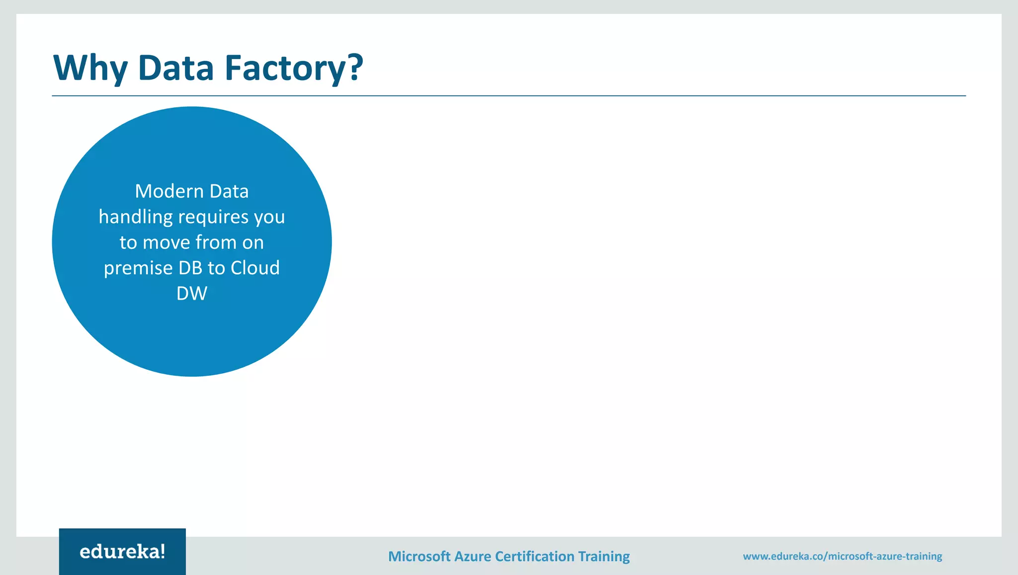 Microsoft Azure Certification Training www.edureka.co/microsoft-azure-training
Why Data Factory?
Modern Data
handling requires you
to move from on
premise DB to Cloud
DW
 