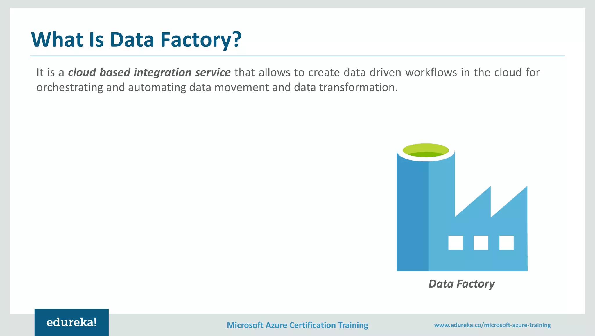 Microsoft Azure Certification Training www.edureka.co/microsoft-azure-training
What Is Data Factory?
It is a cloud based integration service that allows to create data driven workflows in the cloud for
orchestrating and automating data movement and data transformation.
Data Factory
 