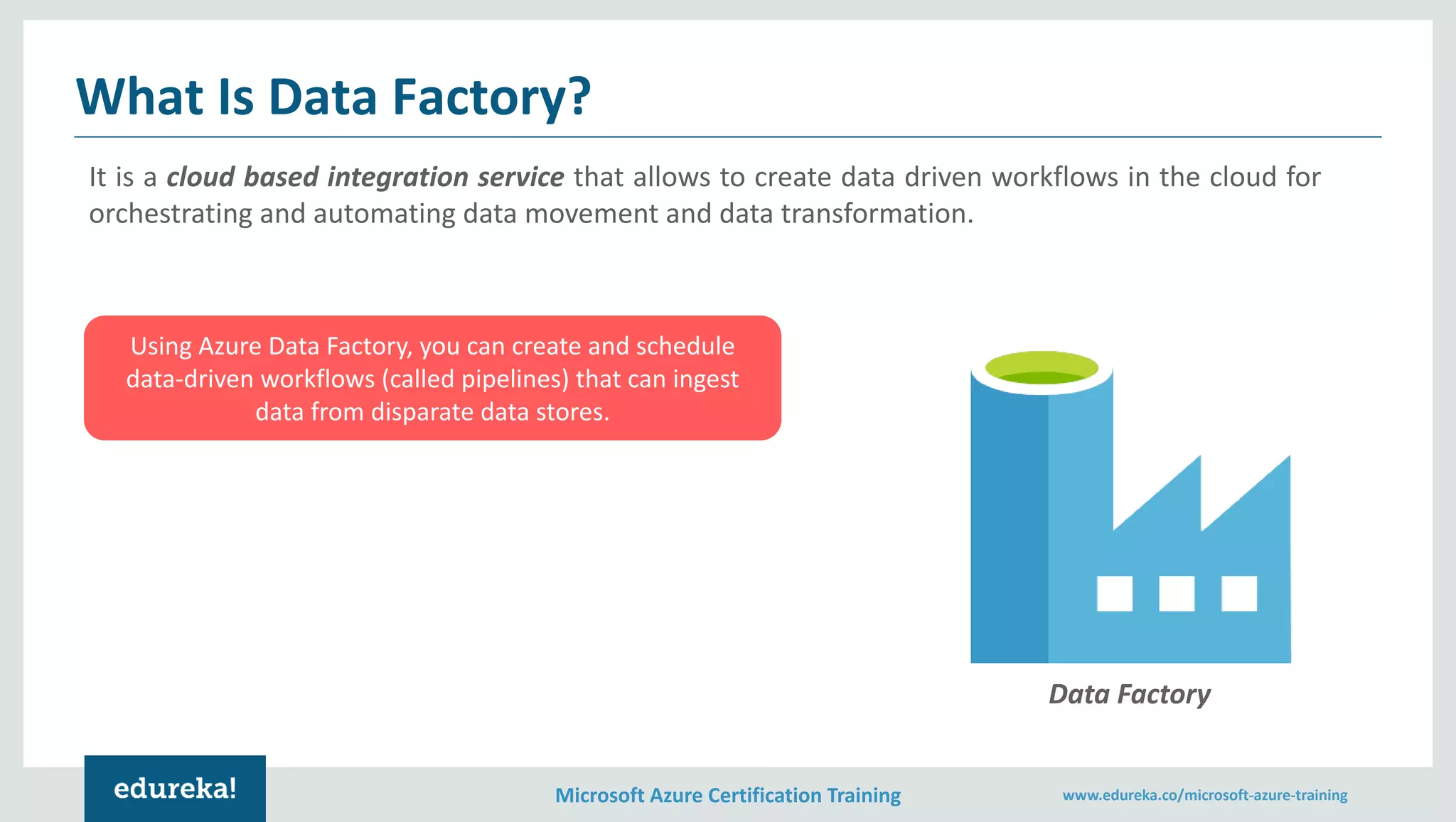 Microsoft Azure Certification Training www.edureka.co/microsoft-azure-training
What Is Data Factory?
It is a cloud based integration service that allows to create data driven workflows in the cloud for
orchestrating and automating data movement and data transformation.
Data Factory
Using Azure Data Factory, you can create and schedule
data-driven workflows (called pipelines) that can ingest
data from disparate data stores.
 