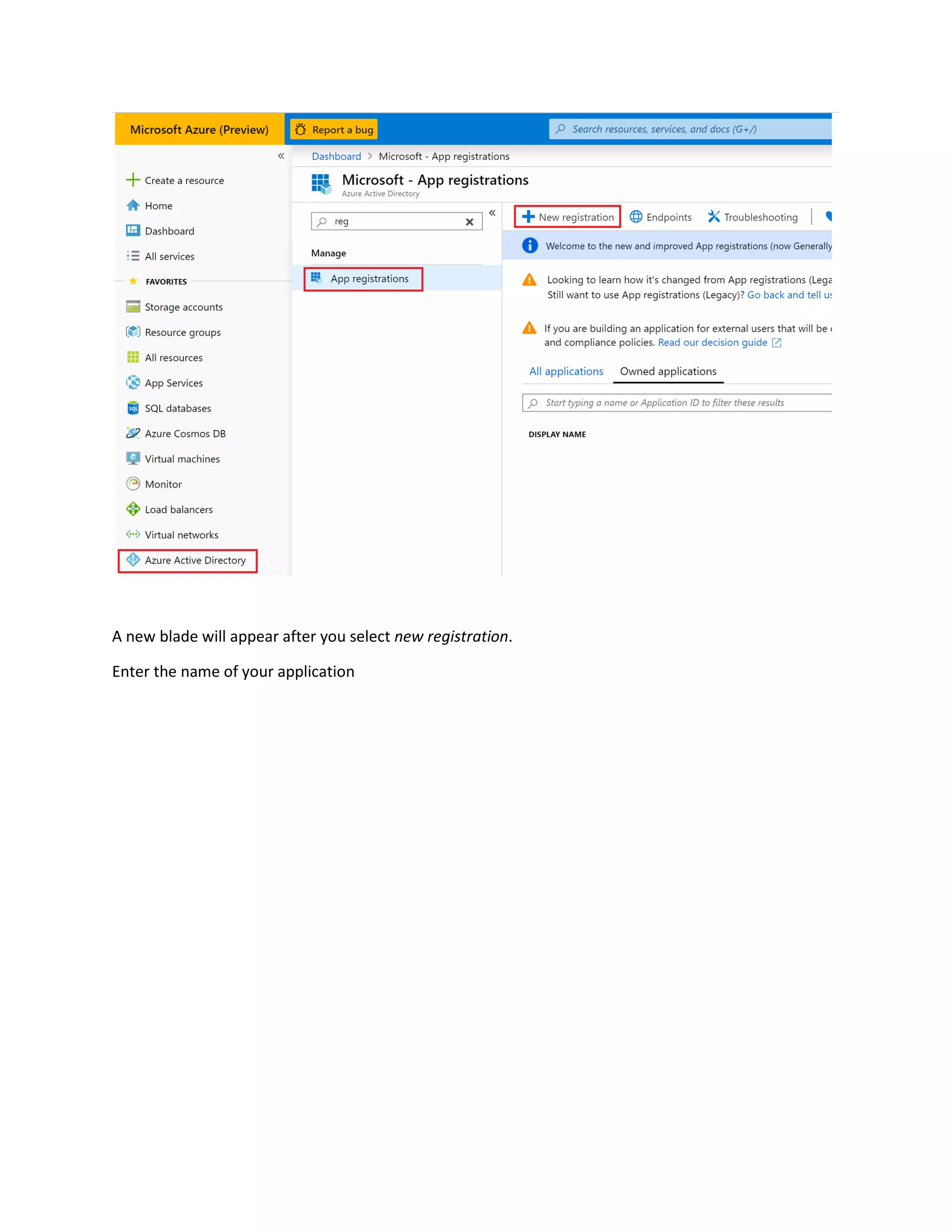A new blade will appear after you select new registration.
Enter the name of your application
 