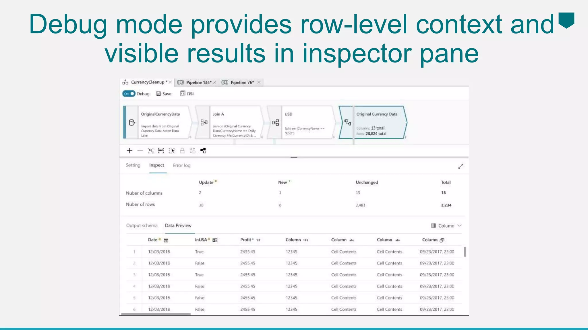 Debug mode provides row-level context and
visible results in inspector pane
 