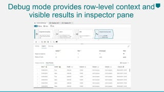 Debug mode provides row-level context and
visible results in inspector pane
 