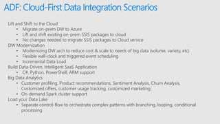 ADF: Cloud-First Data Integration Scenarios
Lift and Shift to the Cloud
• Migrate on-prem DW to Azure
• Lift and shift existing on-prem SSIS packages to cloud
• No changes needed to migrate SSIS packages to Cloud service
DW Modernization
• Modernizing DW arch to reduce cost & scale to needs of big data (volume, variety, etc)
• Flexible wall-clock and triggered event scheduling
• Incremental Data Load
Build Data-Driven, Intelligent SaaS Application
• C#, Python, PowerShell, ARM support
Big Data Analytics
• Customer profiling, Product recommendations, Sentiment Analysis, Churn Analysis,
Customized offers, customer usage tracking, customized marketing
• On-demand Spark cluster support
Load your Data Lake
• Separate control-flow to orchestrate complex patterns with branching, looping, conditional
processing
 