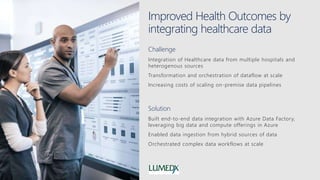Improved Health Outcomes by
integrating healthcare data
Challenge
Integration of Healthcare data from multiple hospitals and
heterogenous sources
Transformation and orchestration of dataflow at scale
Increasing costs of scaling on-premise data pipelines
Solution
Built end-to-end data integration with Azure Data Factory,
leveraging big data and compute offerings in Azure
Enabled data ingestion from hybrid sources of data
Orchestrated complex data workflows at scale
 