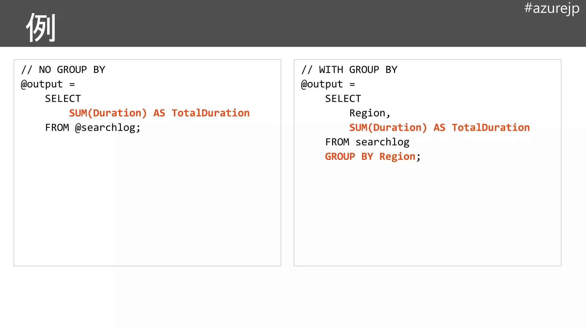 #azurejp
// NO GROUP BY
@output =
SELECT
SUM(Duration) AS TotalDuration
FROM @searchlog;
// WITH GROUP BY
@output =
SELECT
Region,
SUM(Duration) AS TotalDuration
FROM searchlog
GROUP BY Region;
 