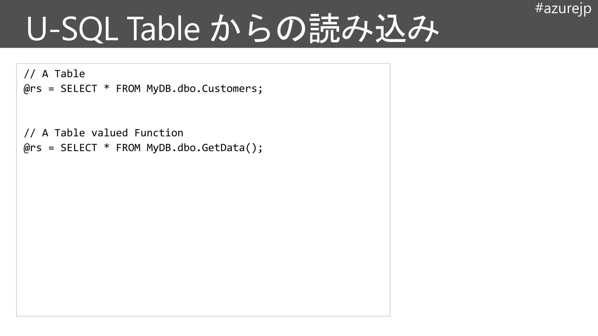 #azurejp
// A Table
@rs = SELECT * FROM MyDB.dbo.Customers;
// A Table valued Function
@rs = SELECT * FROM MyDB.dbo.GetData();
 