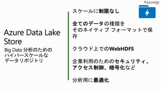 スケールに制限なし
全てのデータの種類を
そのネイティブ フォーマットで保
存
クラウド上でのWebHDFS
企業利用のためのセキュリティ、
アクセス制御、暗号化など
分析用に最適化
Azure Data Lake
Store
Big Data 分析のための
ハイパースケールな
データリポジトリ
 