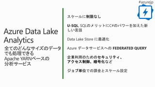 スケールに制限なし
U-SQL, SQLのメリットにC#のパワーを加えた新
しい言語
Data Lake Store に最適化
Azure データサービスへの FEDERATED QUERY
企業利用のためのセキュリティ、
アクセス制御、暗号化など
ジョブ単位での課金とスケール設定
Azure Data Lake
Analytics
全てのどんなサイズのデータ
でも処理できる
Apache YARNベースの
分析サービス
 