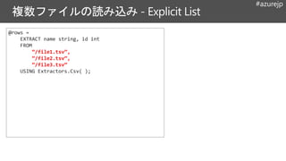 #azurejp
@rows =
EXTRACT name string, id int
FROM
“/file1.tsv”,
“/file2.tsv”,
“/file3.tsv”
USING Extractors.Csv( );
 
