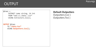 #azurejp
@rows =
EXTRACT name string, id int
FROM “adl://…/data..csv”
USING Extractors.Csv();
OUTPUT @rows
TO “/data.tsv”
USING Outputters.Csv();
Default Outputters
Outputters.Csv( )
Outputters.Tsv( )
 