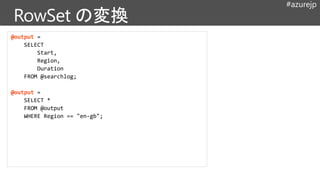 #azurejp
@output =
SELECT
Start,
Region,
Duration
FROM @searchlog;
@output =
SELECT *
FROM @output
WHERE Region == "en-gb";
 