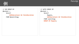 #azurejp
// NO GROUP BY
@output =
SELECT
SUM(Duration) AS TotalDuration
FROM @searchlog;
// WITH GROUP BY
@output =
SELECT
Region,
SUM(Duration) AS TotalDuration
FROM searchlog
GROUP BY Region;
 