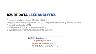 AZURE DATA LAKE ANALYTICS
Complemento al ecosistema HDInsight y Hadoop.
Lo escalas dinámicamente para coincidir con complejidad de tamaño y consulta de datos
Construido en Apache YARN
Unidad de interacción es un trabajo de análisis.
U-SQL: Lenguaje de consulta arraigada entre SQL y C#
OUTPUT @customers
TO @"/output.tsv"
ORDER BY Amount ASC
USING Outputters.Tsv();
 