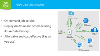 Azure Data Lake Analytics
• On-demand job service
• Deploy on Azure and schedule using
Azure Data Factory
• Affordable and cost effective (Pay as
you use)
 