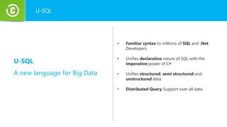 U-SQL
• Familiar syntax to millions of SQL and .Net
Developers
• Unifies declarative nature of SQL with the
imperative power of C#
• Unifies structured, semi structured and
unstructured data.
• Distributed Query Support over all data.
U-SQL
A new language for Big Data
 