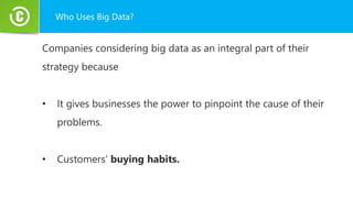 Who Uses Big Data?
Companies considering big data as an integral part of their
strategy because
• It gives businesses the power to pinpoint the cause of their
problems.
• Customers’ buying habits.
 