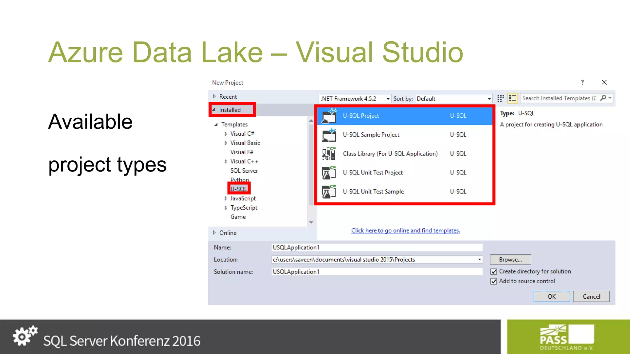 Azure Data Lake – Visual Studio Available project types 