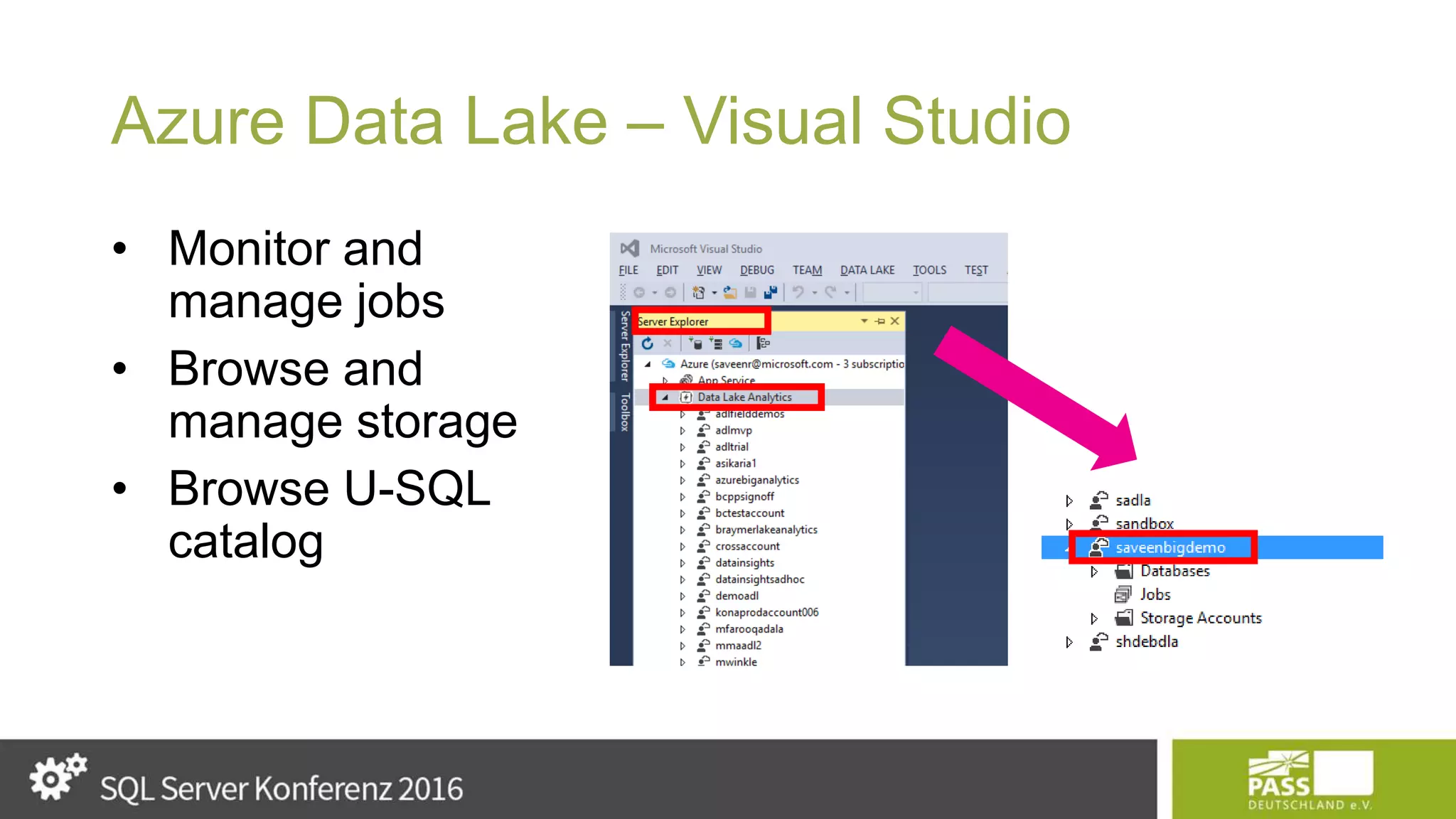 Azure Data Lake – Visual Studio • Monitor and manage jobs • Browse and manage storage • Browse U-SQL catalog 