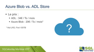 SQLSaturday Montreal 2017
Azure Blob vs. ADL Store
 Le prix :
 ADL : 34€ / To / mois
 Azure Blob : 20€ / To / mois*
* Hot LRS, First 100TB
?
 