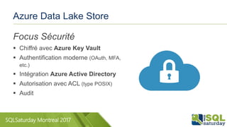 SQLSaturday Montreal 2017
Azure Data Lake Store
Focus Sécurité
 Chiffré avec Azure Key Vault
 Authentification moderne (OAuth, MFA,
etc.)
 Intégration Azure Active Directory
 Autorisation avec ACL (type POSIX)
 Audit
 