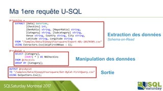 SQLSaturday Montreal 2017
Ma 1ere requête U-SQL
@checkins =
EXTRACT [Date] DateTime,
[Checkins] int,
[DenRatio] string, [MayorRatio] string,
[Category] string, [Subcategory] string,
Venue string, Country string, City string,
Latitude string, Longitude string
FROM "/Samples/Data/Djeepy1Foursquare/Export-ADL-20170305.csv"
USING Extractors.Csv(skipFirstNRows : 1);
@resByCat =
SELECT [Category],
COUNT( * ) AS NbCheckins
FROM @checkins
GROUP BY [Category];
OUTPUT @resByCat
TO "/Samples/Data/Djeepy1Foursquare/Out-ByCat-FirstQuery.csv"
USING Outputters.Csv();
Extraction des données
Schema-on-Read
Manipulation des données
Sortie
 