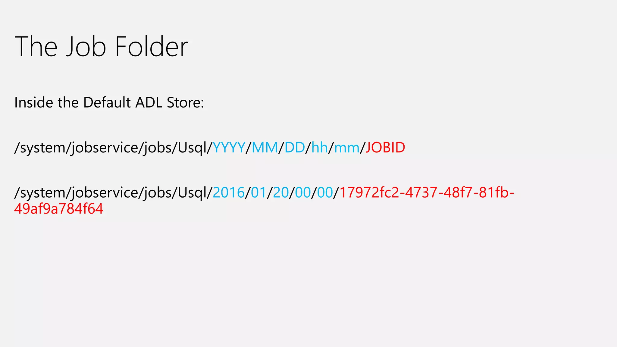 The Job Folder
Inside the Default ADL Store:
/system/jobservice/jobs/Usql/YYYY/MM/DD/hh/mm/JOBID
/system/jobservice/jobs/Usql/2016/01/20/00/00/17972fc2-4737-48f7-81fb-
49af9a784f64
 